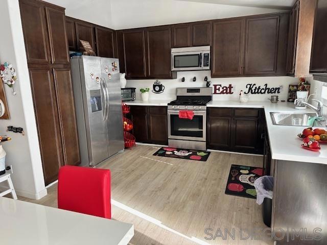 kitchen with sink, light hardwood / wood-style flooring, stainless steel appliances, and dark brown cabinets