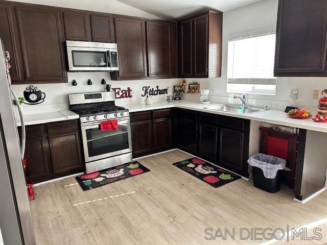 kitchen featuring sink, appliances with stainless steel finishes, dark brown cabinets, and light wood-type flooring