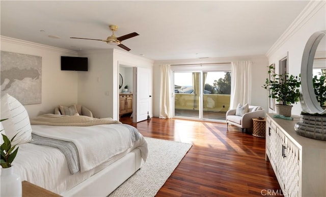 bedroom featuring ensuite bathroom, ceiling fan, access to outside, dark wood-type flooring, and ornamental molding