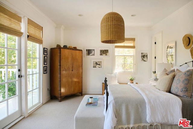 bedroom featuring light carpet, access to exterior, and ornamental molding