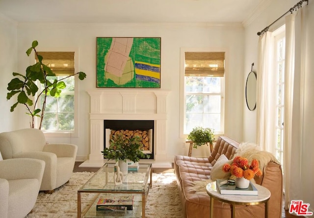 sitting room featuring a healthy amount of sunlight, crown molding, and hardwood / wood-style flooring