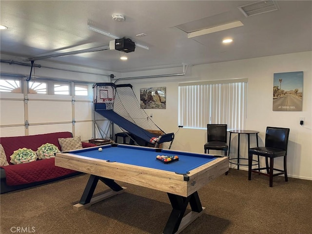 game room with billiards and carpet flooring