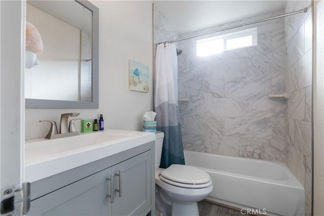 full bathroom with vanity, toilet, and shower / bathtub combination with curtain