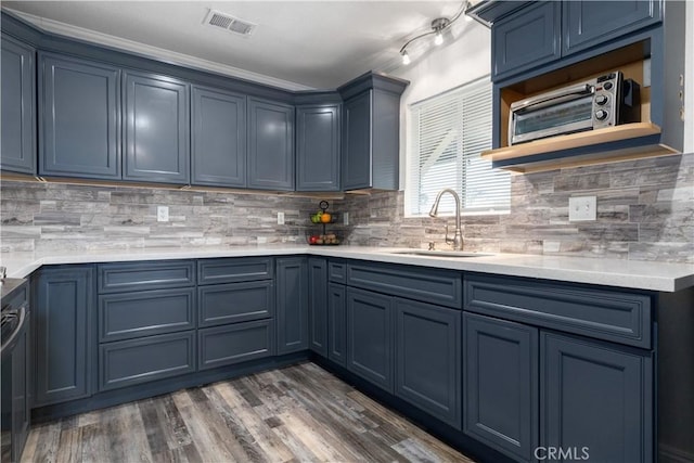 kitchen featuring blue cabinetry, dark hardwood / wood-style floors, sink, and decorative backsplash