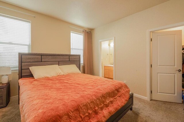 bedroom with ensuite bath, carpet flooring, and multiple windows