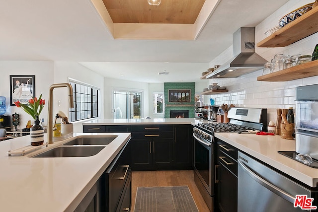 kitchen with stainless steel appliances, sink, light wood-type flooring, a tray ceiling, and range hood