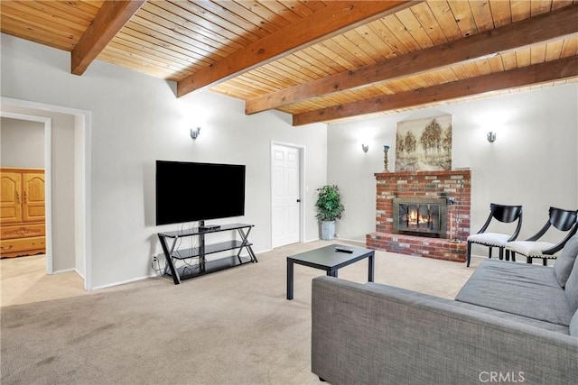 living room with beam ceiling, light colored carpet, a brick fireplace, and wooden ceiling