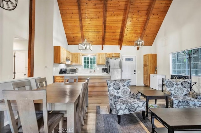 dining room with wood ceiling, beam ceiling, hardwood / wood-style floors, and high vaulted ceiling