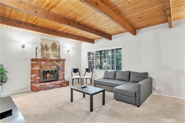 living room with a brick fireplace, wooden ceiling, light carpet, and beam ceiling