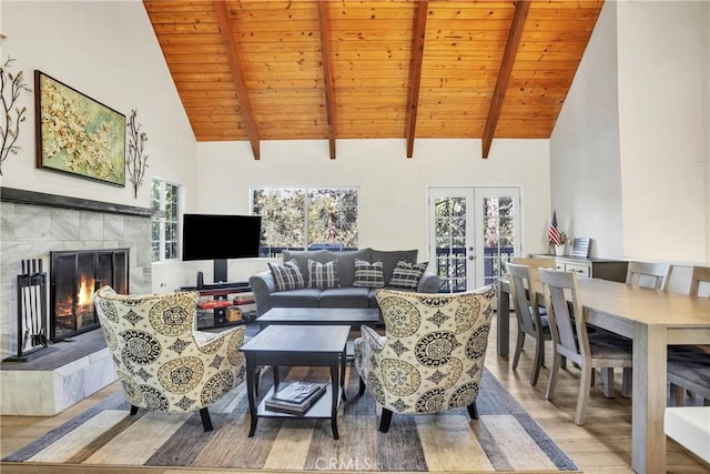 living room with hardwood / wood-style flooring, wooden ceiling, beam ceiling, and a fireplace