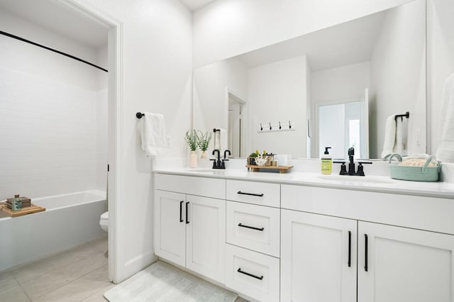 full bathroom with vanity, tile patterned flooring, bathtub / shower combination, and toilet