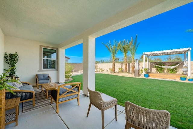 view of patio featuring outdoor lounge area and a pergola