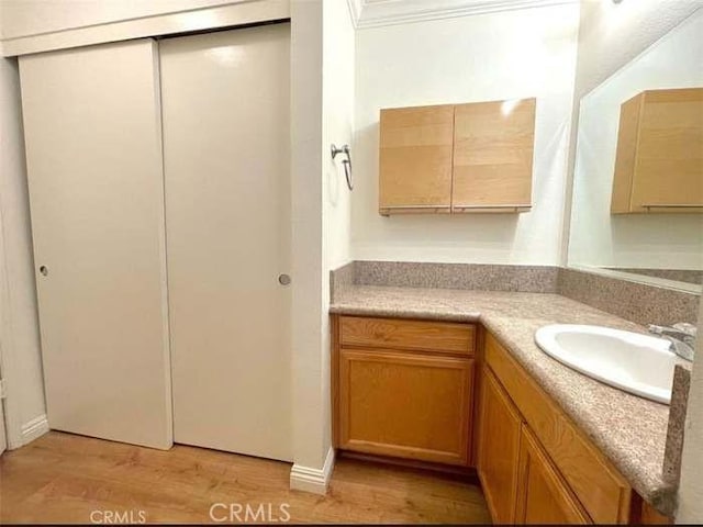 bathroom with ornamental molding, wood-type flooring, and vanity