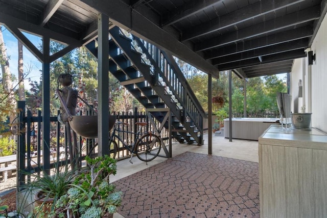 view of patio featuring a hot tub