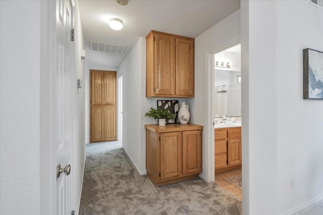 hall featuring light carpet and sink