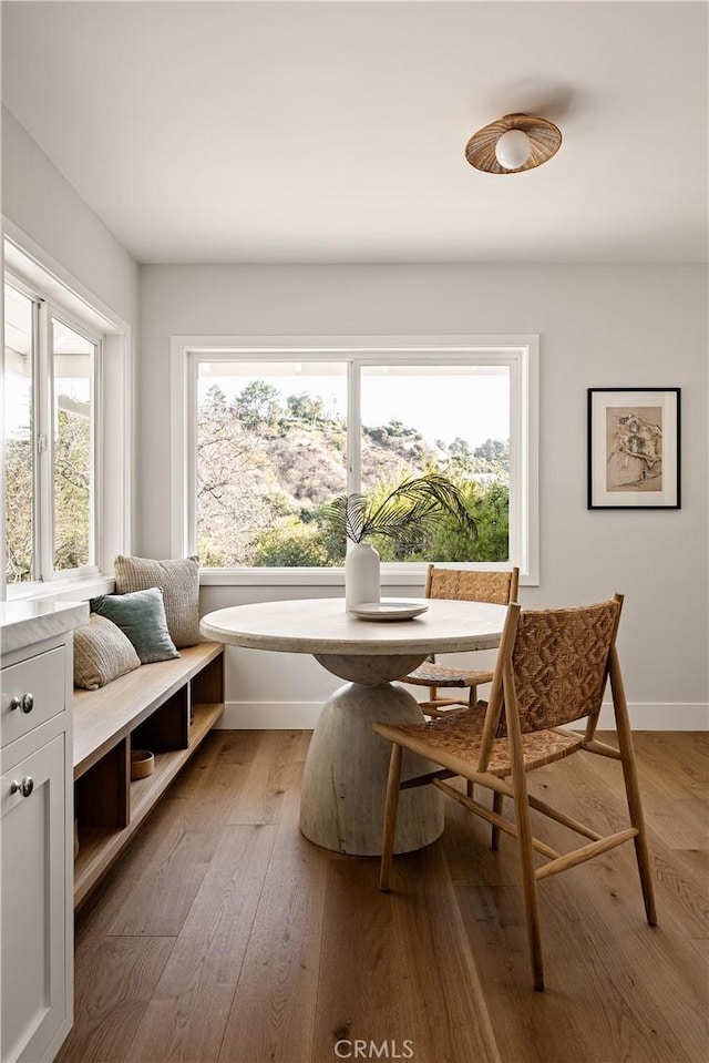 dining space with light hardwood / wood-style floors and breakfast area