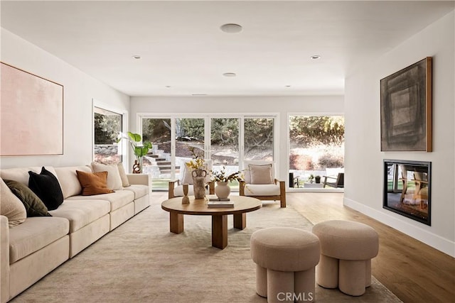 living area with a glass covered fireplace, wood finished floors, and baseboards