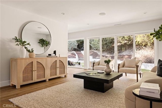living area featuring baseboards and wood finished floors