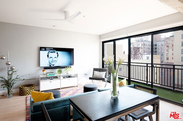 living room featuring ceiling fan and light hardwood / wood-style flooring