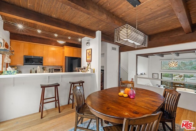 dining room featuring track lighting, light hardwood / wood-style flooring, beam ceiling, and wood ceiling