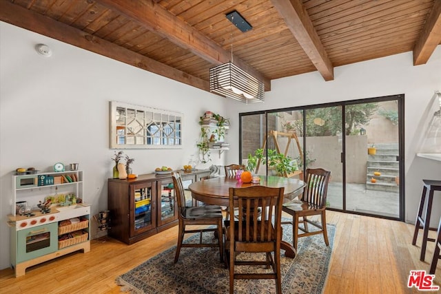 dining space with wooden ceiling, beamed ceiling, and light wood-type flooring