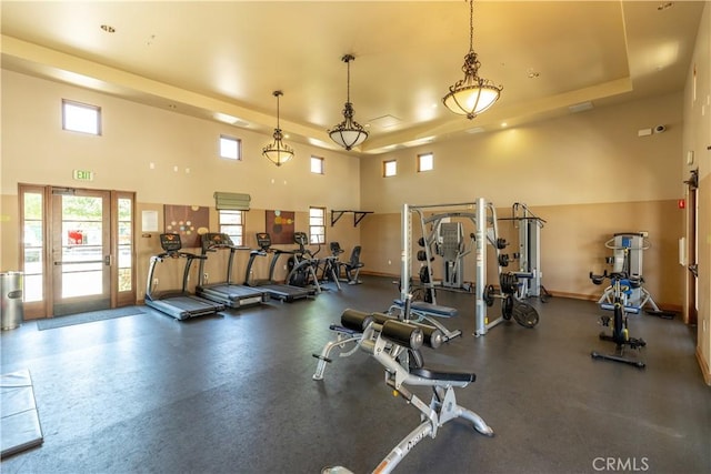 workout area with a raised ceiling and a towering ceiling