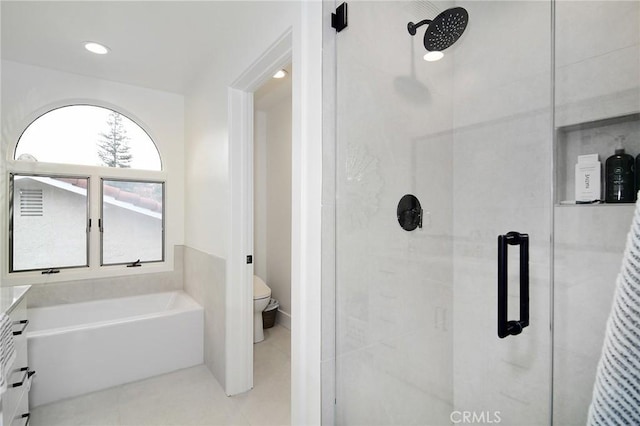 full bathroom with toilet, vanity, independent shower and bath, and tile patterned floors