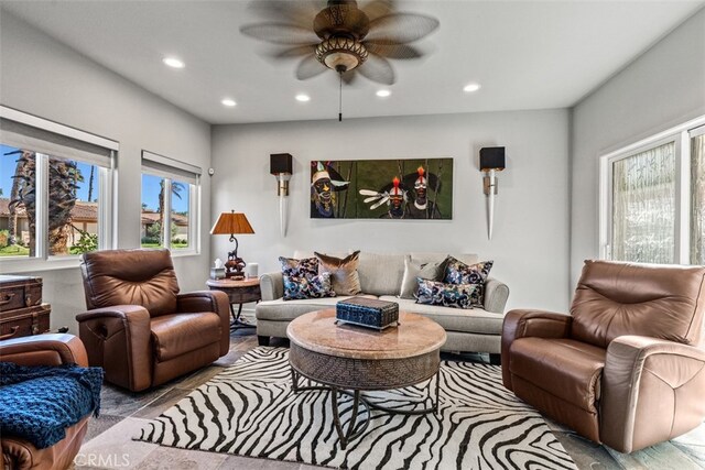 living room with ceiling fan