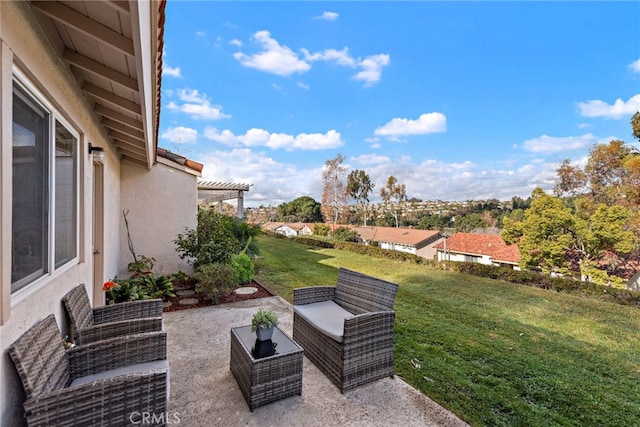 view of yard featuring an outdoor hangout area, a pergola, and a patio area