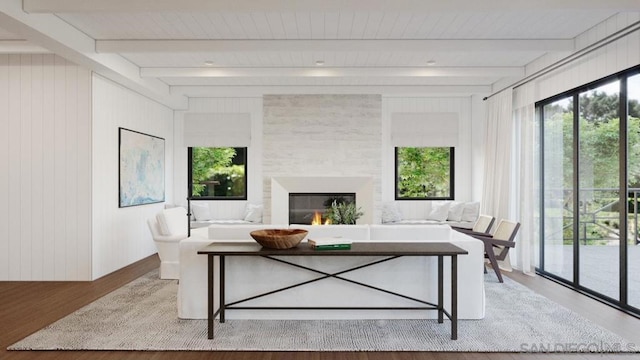 living room with beamed ceiling, a fireplace, light wood-type flooring, and wood walls