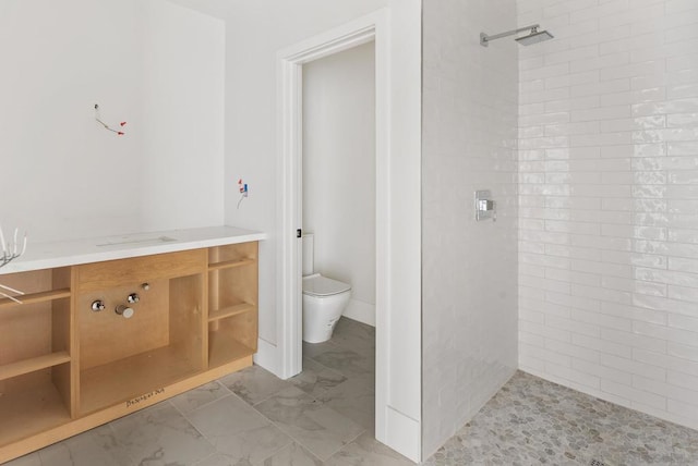 bathroom with vanity, a tile shower, and toilet