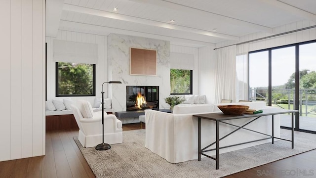 living room featuring beamed ceiling, dark hardwood / wood-style floors, and wood walls