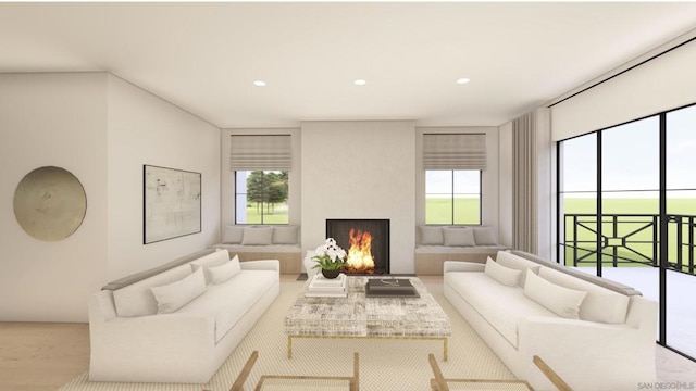 living room with a large fireplace