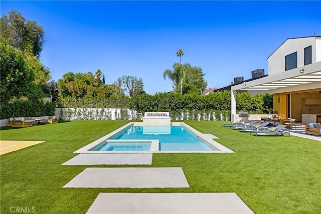 view of pool with a lawn, an outdoor hangout area, a water view, and a patio