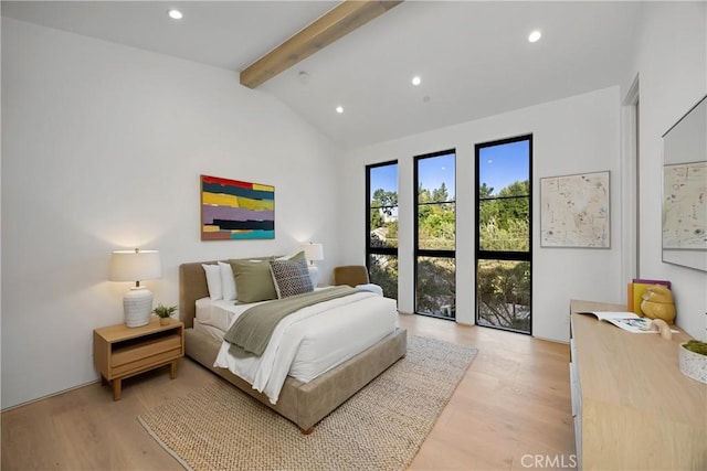 bedroom with light hardwood / wood-style floors, high vaulted ceiling, access to outside, and beamed ceiling