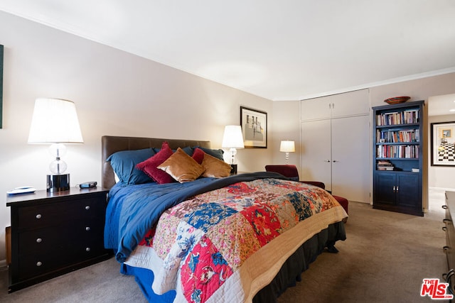 bedroom with carpet, a closet, and crown molding