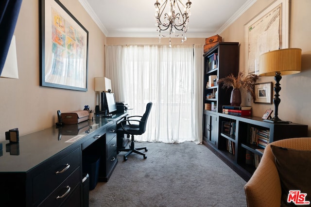 carpeted home office with ornamental molding and a notable chandelier