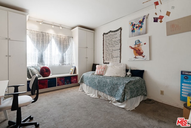 bedroom featuring track lighting, crown molding, and carpet floors