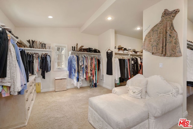 spacious closet with vaulted ceiling and light colored carpet