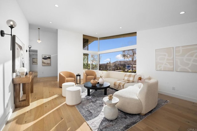 living room featuring hardwood / wood-style flooring and high vaulted ceiling