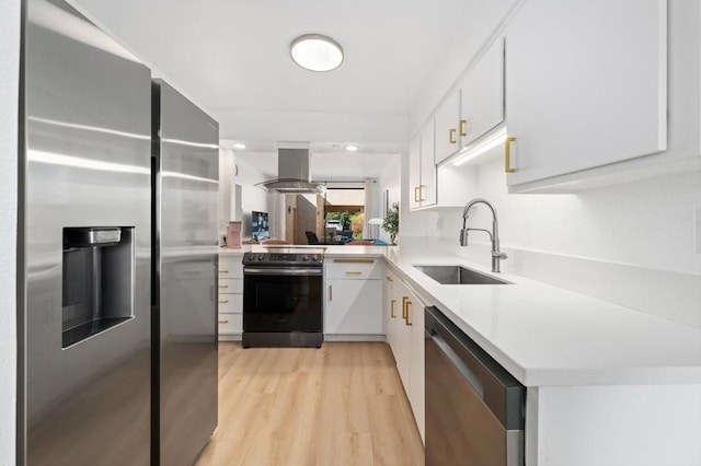 kitchen with sink, white cabinetry, island range hood, and stainless steel appliances