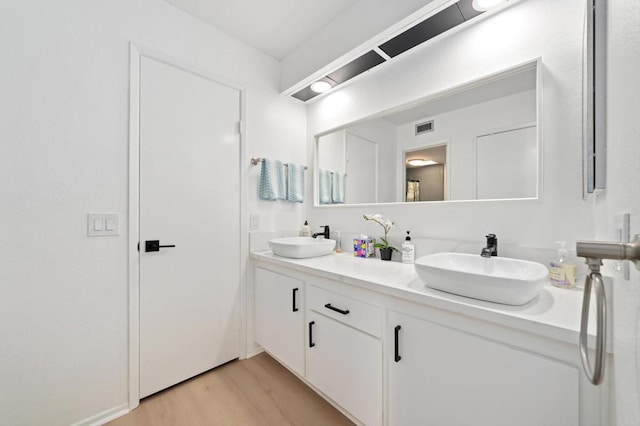 bathroom with wood-type flooring and vanity