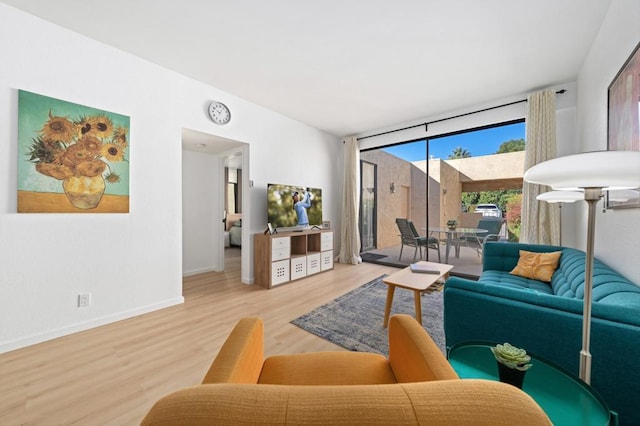 living room featuring a wall of windows and light hardwood / wood-style floors