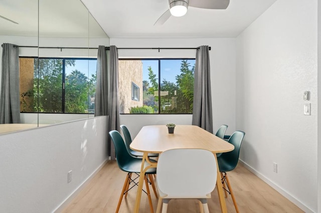 dining space featuring ceiling fan and light hardwood / wood-style flooring