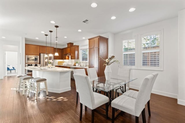 dining room featuring sink and dark wood-type flooring