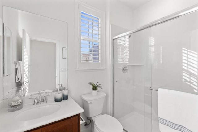 bathroom featuring toilet, vanity, and an enclosed shower