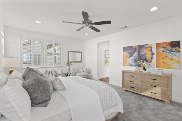 carpeted bedroom featuring ceiling fan