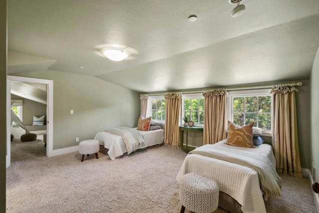 bedroom with vaulted ceiling, carpet floors, and multiple windows