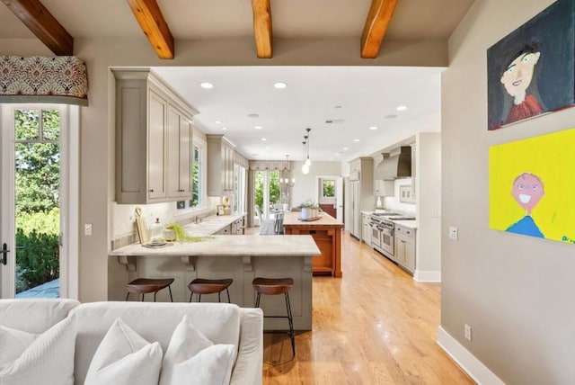 kitchen with wall chimney range hood, light hardwood / wood-style floors, beam ceiling, kitchen peninsula, and a breakfast bar area