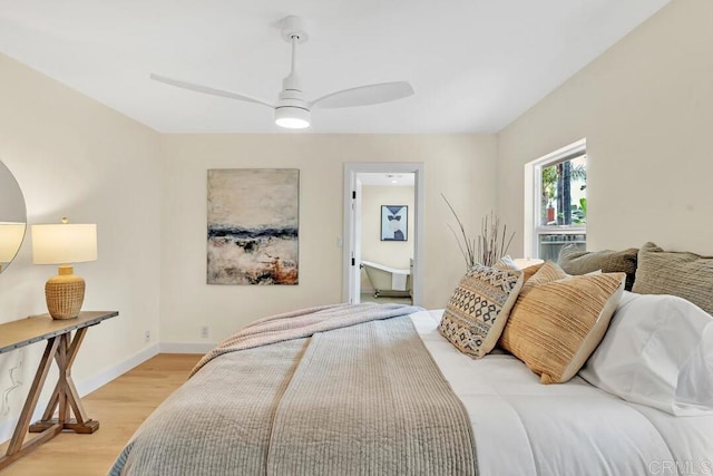 bedroom with ceiling fan and light wood-type flooring